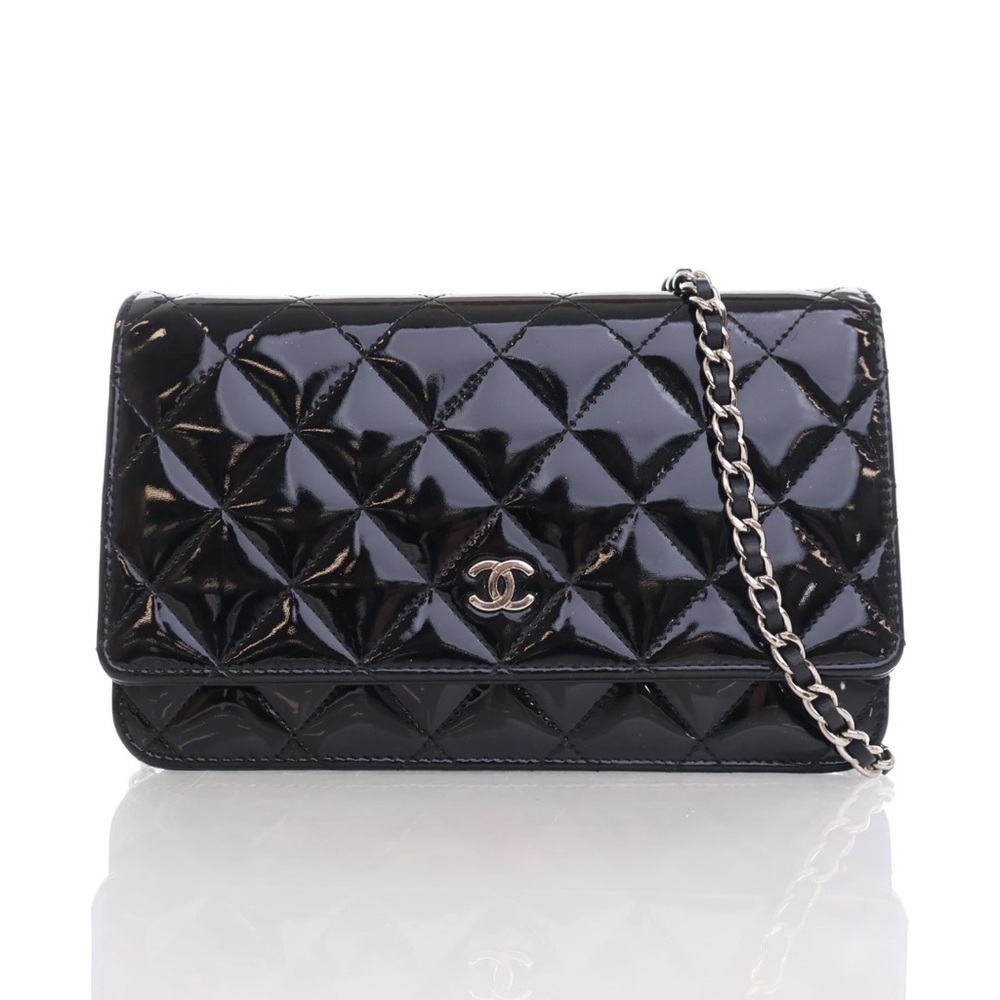 AUTHENTIC Chanel Patent Black Wallet on Chain WOC Silver Hardware SHW